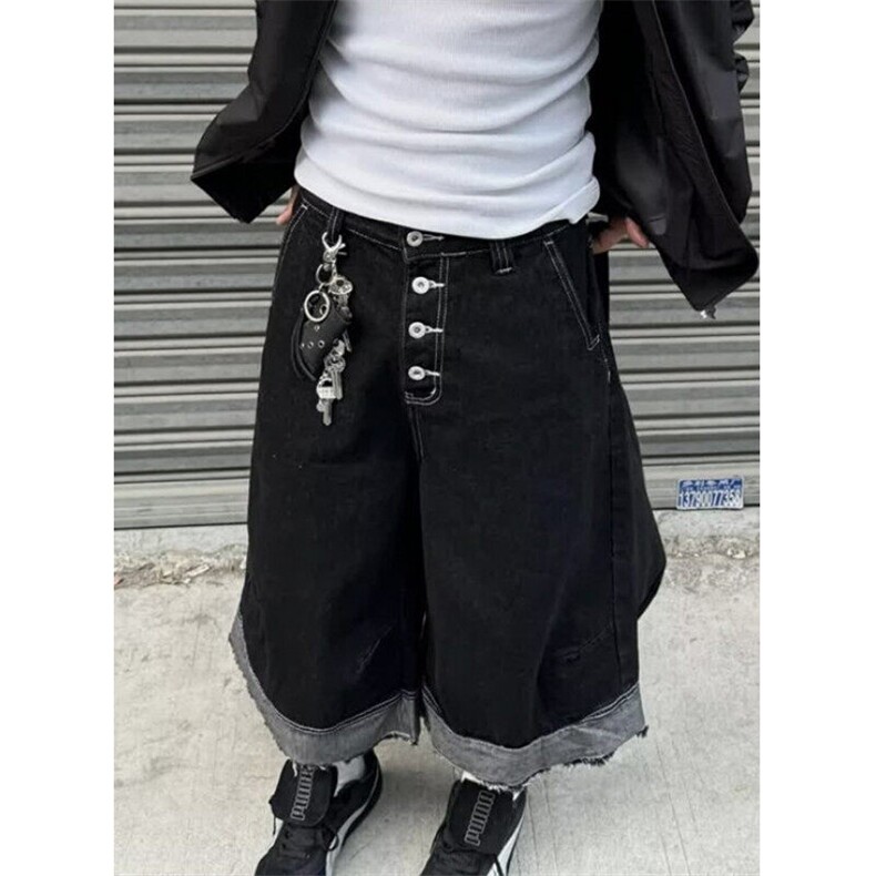拼接复古毛边牛仔七分裤夏季新款高腰宽松百搭显瘦阔短裤 NB015图片