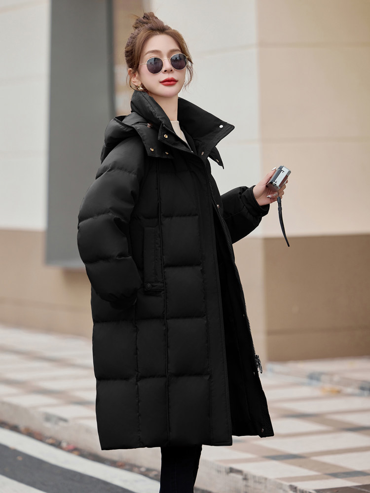 咖色连帽加厚鹅绒羽绒服女2024冬季新款宽松时尚长款过膝保暖外套,女装羽绒服,牡丹诺