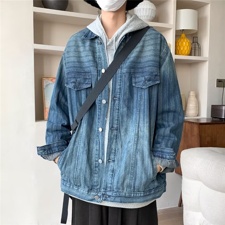 复古水洗牛仔外套男女春秋新款条纹渐变色夹克 JK1009图片