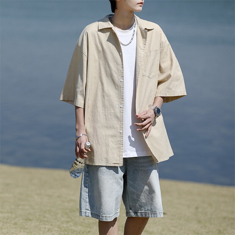 8XL-M亚麻短袖衬衫男夏薄款宽松休闲百搭大码半袖衬衣DC28002P50,男装衬衫,电商B312