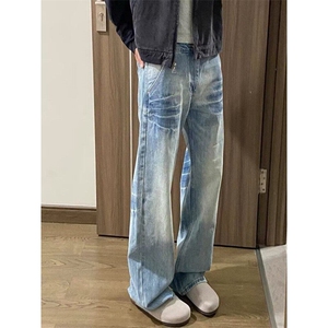 水洗蓝直筒牛仔裤男款潮牌美式高街vibe裤子cleanfit弯刀微喇长裤图片