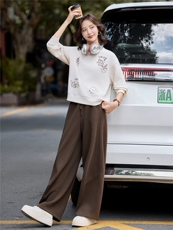 咖色刺绣套头卫衣套装女休闲百搭运动两件套直筒卫裤休闲秋装，女装卫衣/绒衫，梦懿尔