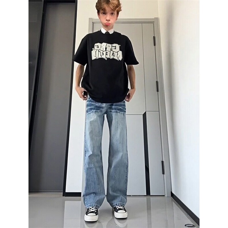 水洗蓝闪电裂纹牛仔裤男款cleanfit美式高街直筒微喇弯刀裤长裤子图片