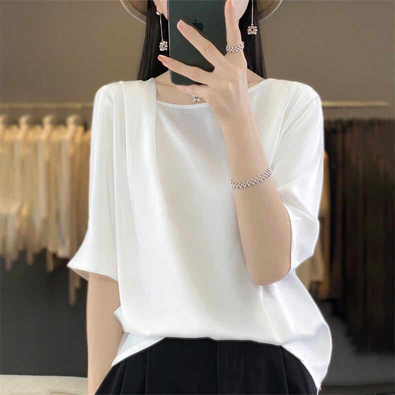 圆领2024年秋季纯色套头简约纯色气质百搭衬衫,女装衬衫,绒宛羊绒