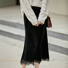 2025年秋季中腰百搭时尚百搭通勤蕾丝丝绒裙，女装半身裙，朝贺羊绒