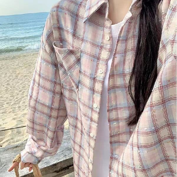 韩系格子衬衫防晒外套男女夏季慵懒休闲中长款长袖衬衣LSC129 P36图片