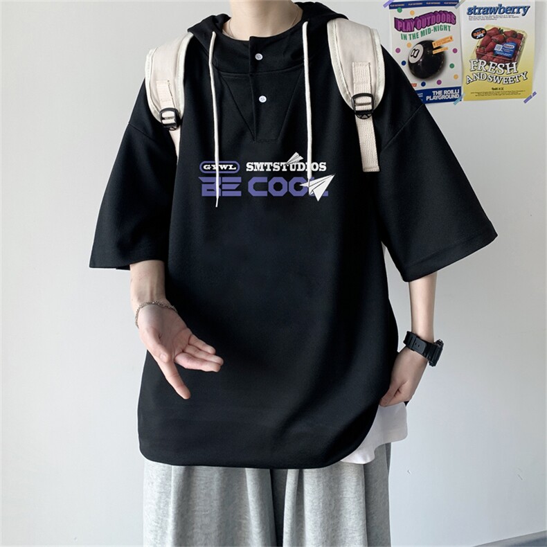 夏季港风冰丝宽松连帽短袖t恤五分体恤上衣TLM2235-P40控58,男装T恤,电商B370