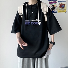 夏季港风冰丝宽松连帽短袖t恤五分体恤上衣TLM2235-P40控58，男装T恤，电商B370