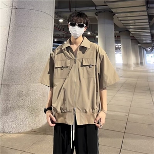 双拉链垫肩衬衫男短袖设计工装衬衣美式复古短款外套CY713-P43图片