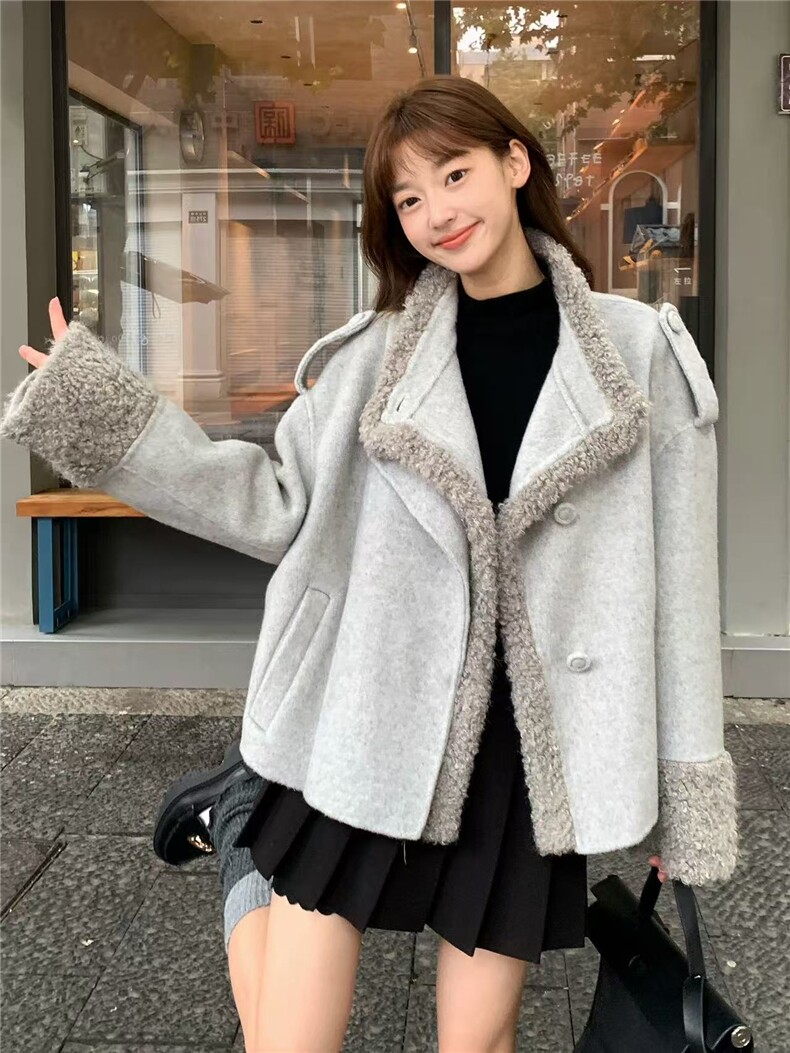羊羔毛拼接毛呢外套女冬小个子休闲宽松加厚呢上衣,女装羊羔毛/颗粒绒,浙宝220