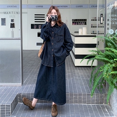 设计感炸街牛仔套装女2025年春秋季新款韩版复古显瘦半身裙两件套，女装套装/套裙，2C198
