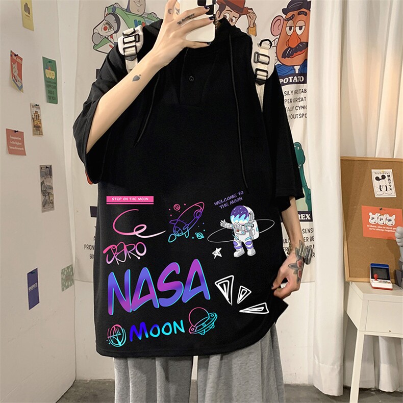 LD54186-P45NASA联名同款连帽短袖t恤男大码胖子带帽五分袖海报风,男装T恤,电商A040