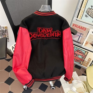 日系潮流文艺慵懒流行ins龙凤尼拼皮毛巾绣棒球服百搭W6810-P62图片