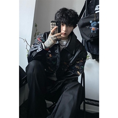 档口图现货秋季拼接PU皮夹克新中式提花小众皮衣PY603-P90，男装夹克，星座1213