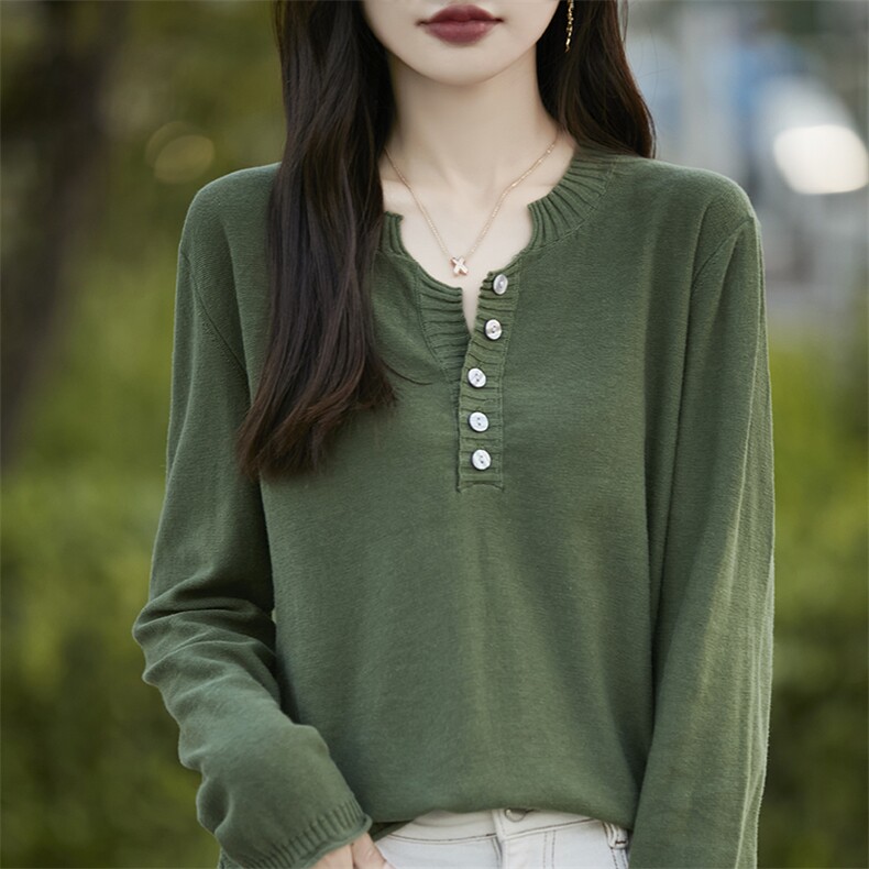 100%纯棉线V领打底衫女2024新款毛衣秋冬洋气宽松显瘦针织衫上衣图片