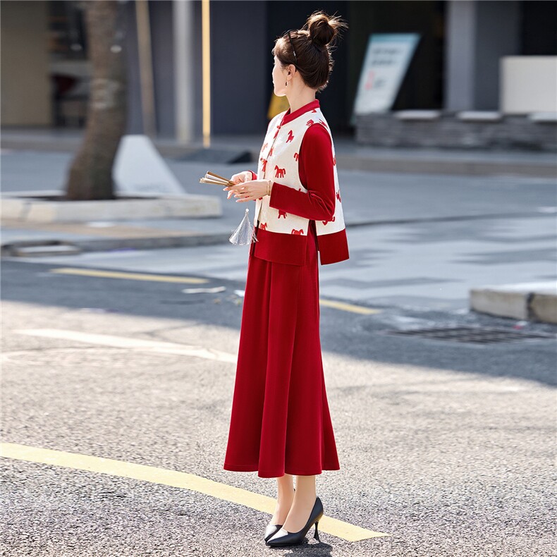 现货新中式套装女2026年春季新款女装时尚气质丝绒套裙马甲三件套,女装套装/套裙,关键词
