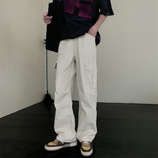 现货100棉双色立体褶皱工装裤直筒版型男女同款休闲裤纯棉101P55，男装工装外套，星座902A