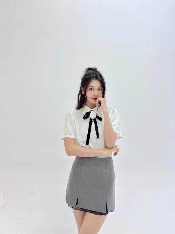 灰色蕾丝蝴蝶结半裙，女装半身裙，HE