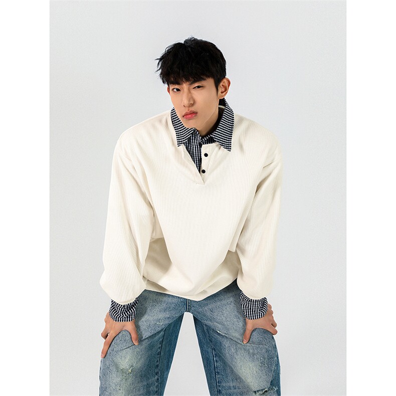 华夫格假两件宽松长袖cityboy复古日系格纹拼接POLO衫HY713TP48,男装Polo衫,电商A102B