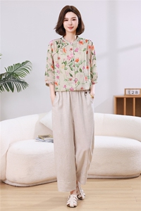 2026夏季新款苎麻印花上衣女中年妈妈宽松亚麻天丝裤休闲两件套图片