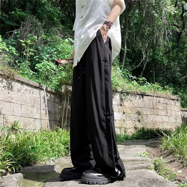 新款风盘扣裤子男款夏季直筒青少年裤加长新中式宽松阔腿休闲裤,男装休闲裤,星座1013