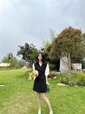 夏季新款欧洲站洋气拼接泡泡袖收腰连衣裙，女装连衣裙，L·H·X