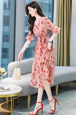 2021新款女气质显瘦法式高腰V领复古仙碎花松紧腰连衣裙送腰带，女装连衣裙，丽美静依