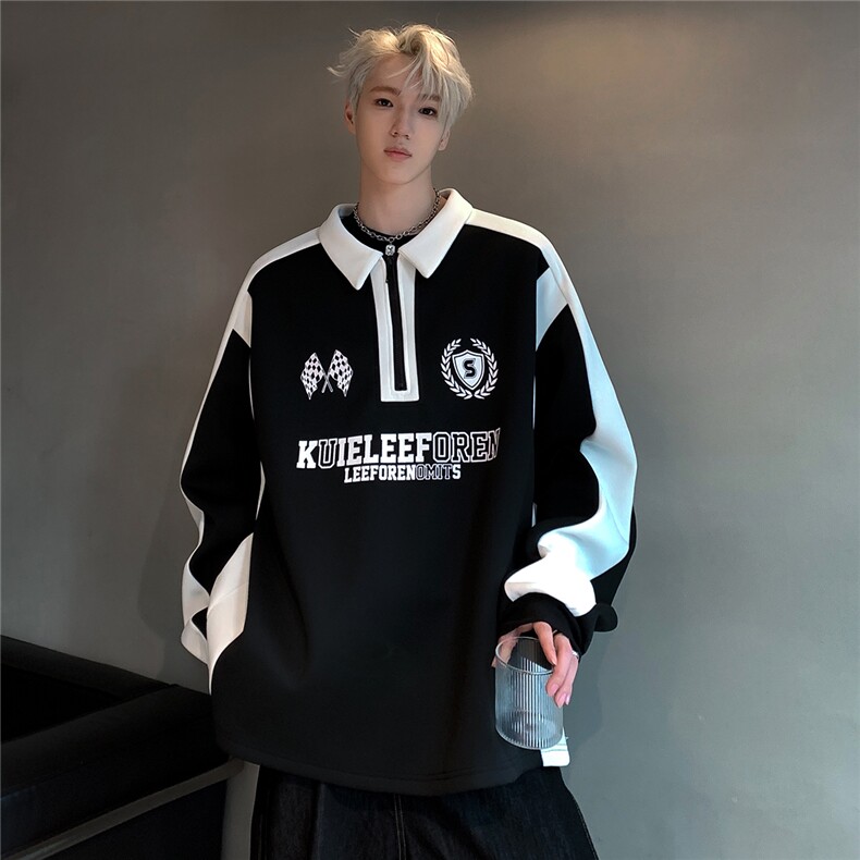 撞色拼接半拉链卫衣男秋季美式翻领polo衫情侣外套W83-P58，女装短外套，电商C307