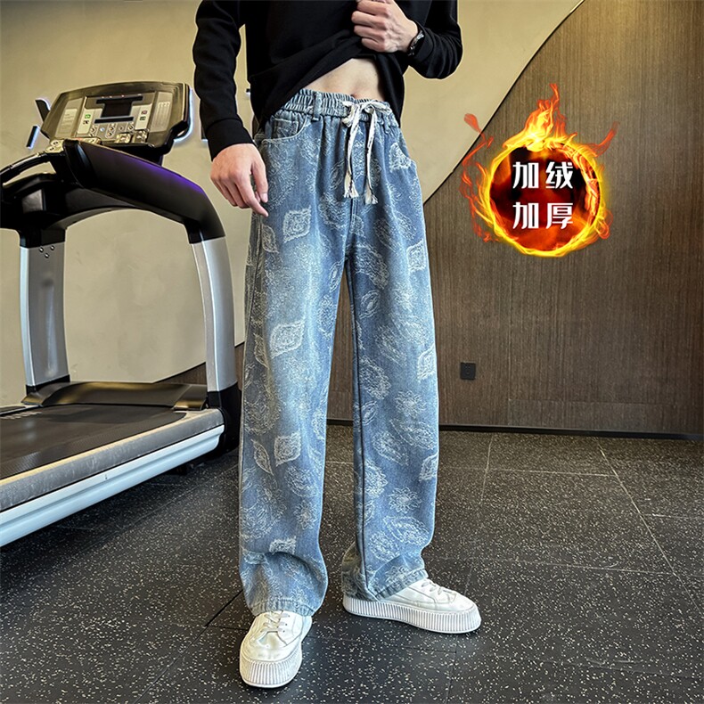 秋冬加绒牛仔裤男士个性树叶印花直筒牛仔弯刀裤潮901N50加绒P68，男装牛仔裤，星座901