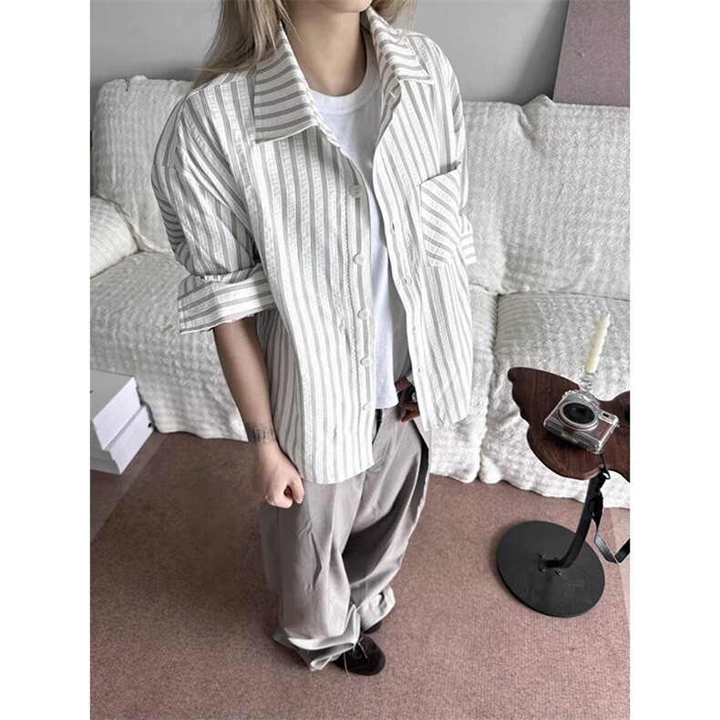 美式潮牌高街复古泡泡纱竖条纹日系肌理长袖衬衫男女休闲宽松衬衣，男装衬衫，电商A443