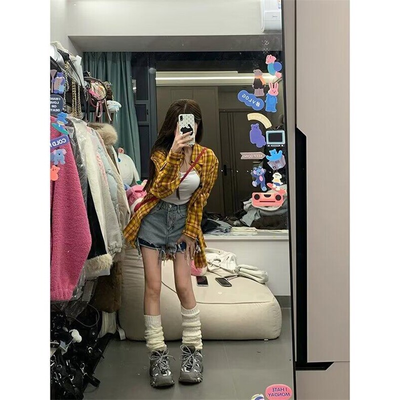 2025美式复古多巴胺黄色格子衬衫男女高街衬衣开衫长袖外套上衣,男装衬衫,星座506A