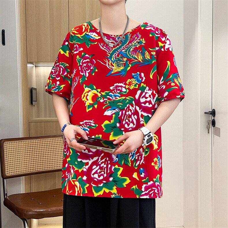 东北大花布短袖T恤男夏季国潮牡丹花网红情侣宽松大码圆领半截袖，男装T恤，星座115A(原星座507）