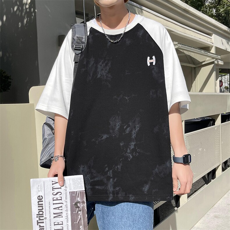 新款夏季短袖珠地面料宽松刺绣印花假两件男士T恤ZDY3414-P50,男装T恤,星座717