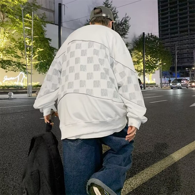 棋盘格休闲拼接卫衣男新款秋冬圆领百搭上衣潮牌ins外套2531-P35,女装短外套,星座1008-2