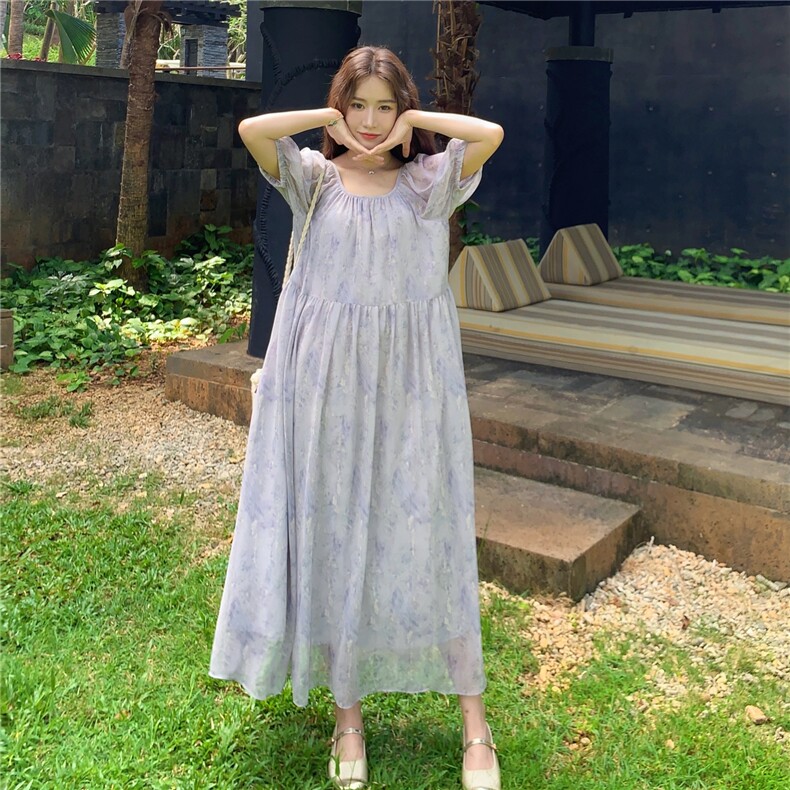 法式气质紫色长袖连衣裙女夏季2025新款小个子海边度假茶歇裙子,女装连衣裙,2C159