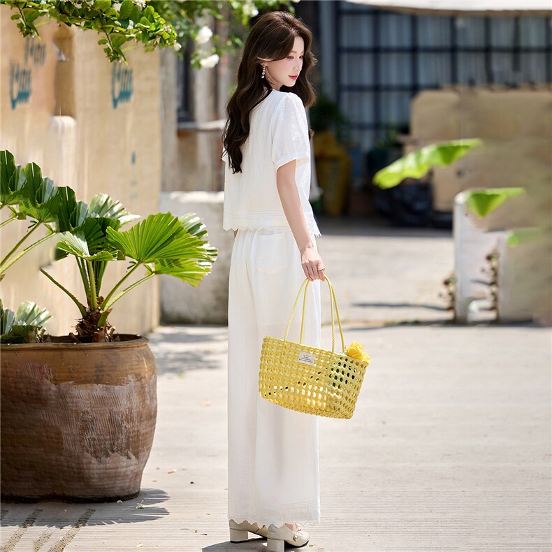 巨好看松弛感棉麻V领女夏2026夏新款高腰阔腿裤套装减龄女两件套,女装套装/套裙,意芙