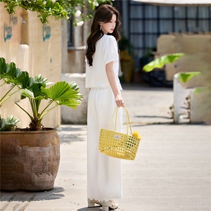 巨好看松弛感棉麻V领女夏2026夏新款高腰阔腿裤套装减龄女两件套图片
