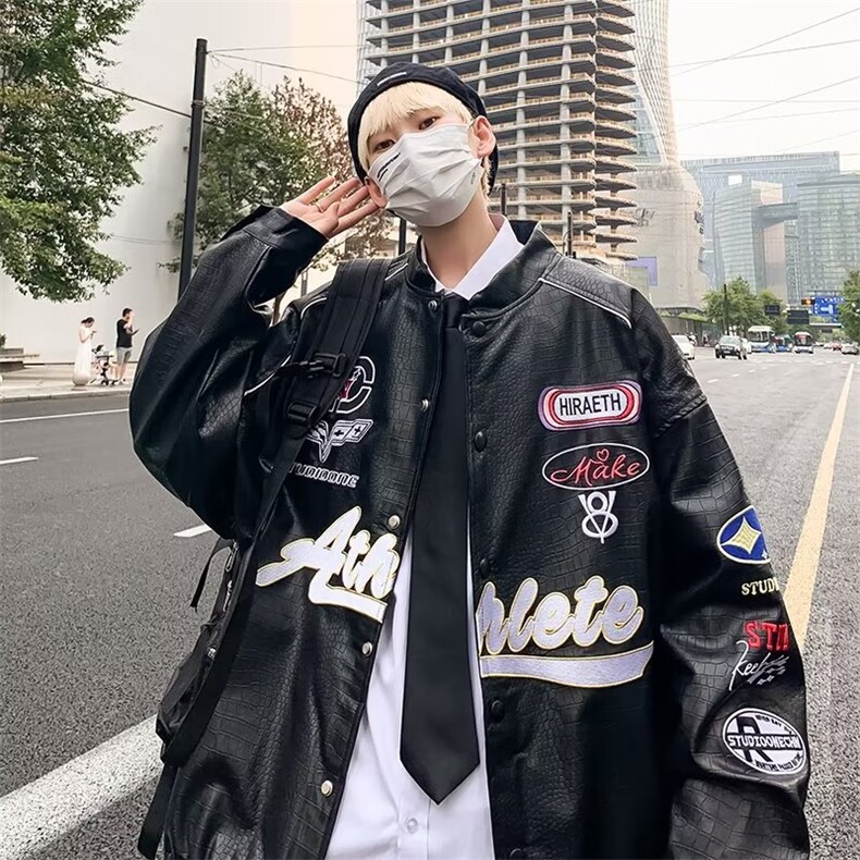 美式潮牌PU皮夹克上衣男情侣宽松棒球服男街头机车外套PJ957-P88,男装夹克,星座1008