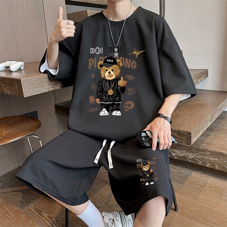 华夫格两件套男士夏季薄款宽松大码短袖T恤上衣运动帅气短裤套装,男装牛仔裤,星座1904A-1