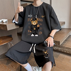 华夫格两件套男士夏季薄款宽松大码短袖T恤上衣运动帅气短裤套装，男装牛仔裤，星座1904A-1