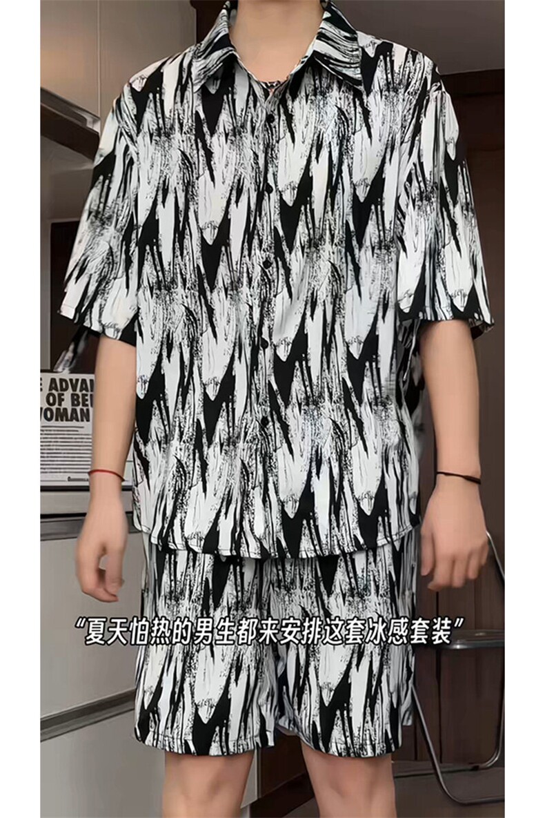 短袖衬衫男+短裤男套装男100%聚酯纤维M-5XL大码TZ78721P50控98,男装牛仔裤,星座226-1
