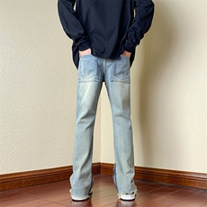 B221美式ins高街小众重工艺毛边拉链破洞牛仔裤LK23016-P65控88，男装牛仔裤，电商B221