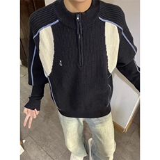 美式撞色半拉链毛衣情侣款套头外套ins轻奢小众炸街上衣MY278，男装针织衫/毛衣，星座208-5