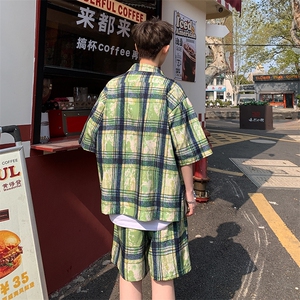 2025美式扎染印花冰丝凉感格子短袖衬衫薄套装 TZ5600/特P45 绿图片