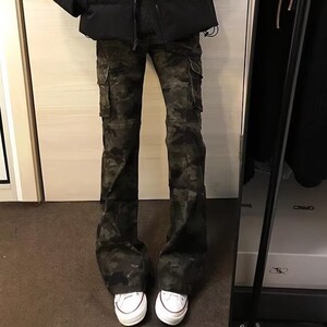美式高街vibe多口袋迷彩微喇工装牛仔裤男女修身直筒裤L8279-p58图片
