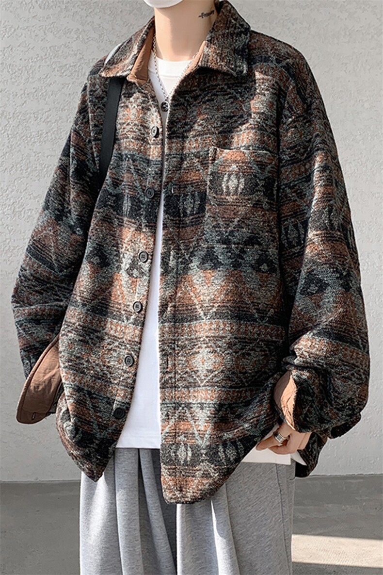 8XL-M复古大码民族风衬衫男款秋冬季加厚粗呢藏式外套CS29001P68,男装衬衫,电商B312