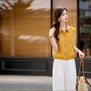 时尚洋气套装女2026夏季新款宽松遮肉衬衫领两件套图片