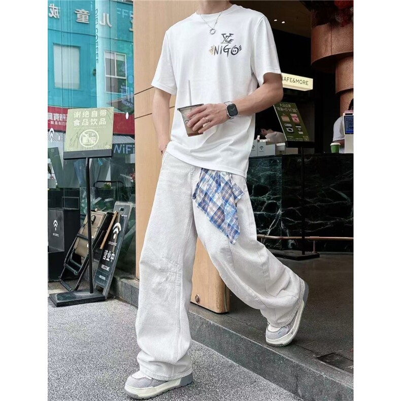 方巾可拆弯刀牛仔裤男女美式复古拉链设计感镰刀裤宽松阔腿裤子,男装牛仔裤,星座506A