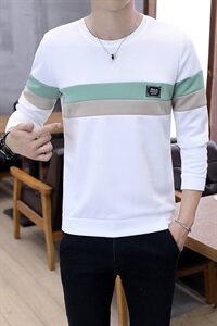 冬季加厚保暖卫衣男圆领套头拼接条纹商务打底衫白702加绒图片