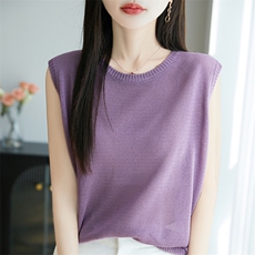 夏季其他短袖圆领2025年夏季无袖针织背心夏季纯色休闲，女装T恤，暖圣羊羊绒